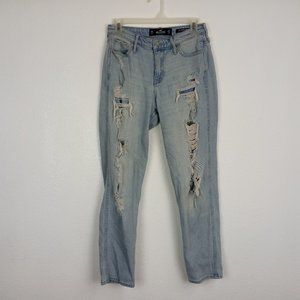 Hollister Women's Mom Jeans Juniors Size 5 High Rise Distressed Light Wash Blue